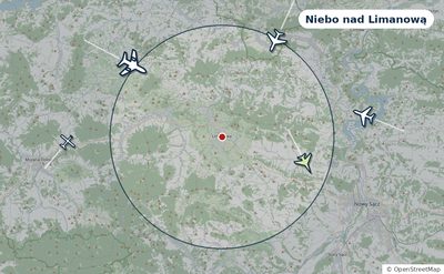 Mapa okolic miasta z sylwetkami samolotów — Niebo nad Limanową